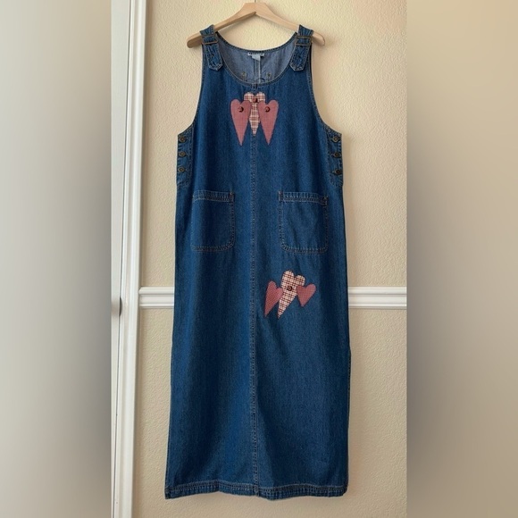 Vintage Haik's Denim Modest Patchwork Hearts Maxi Dress Buckle Straps Sz Large - Picture 3 of 14